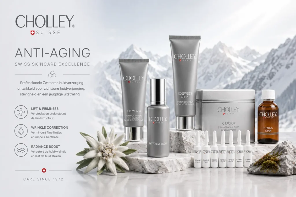 CHOLLEY collectie met Zwitserse huidverzorging voor reiniging, hydratatie, pigmentverzorging en anti-aging.