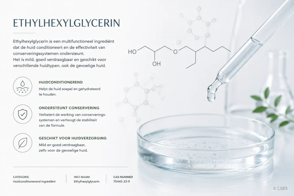 CBES illustratie van Ethylhexylglycerin met molecuulstructuur, eigenschappen en toepassing in huidverzorging.