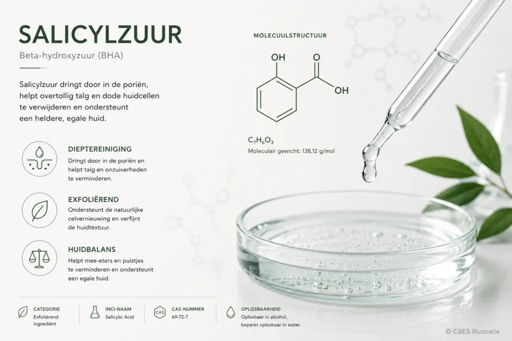 Salicylzuur (BHA) met molecuulstructuur, werking en toepassing in huidverzorging.